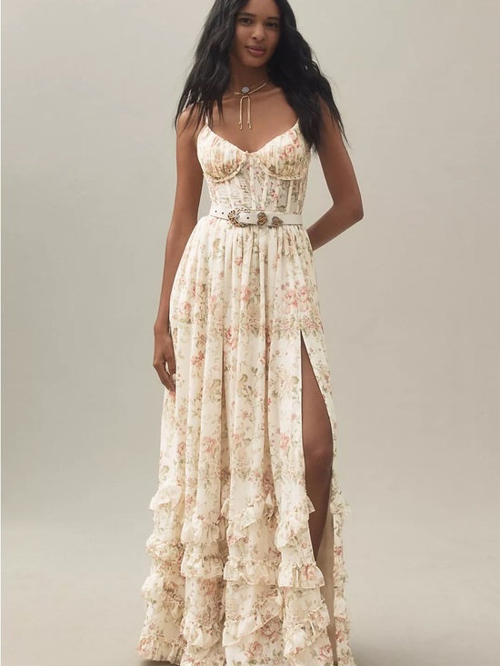 V. Chapman Dresses & Skirts - V. Chapman Floral Corset Maxi Dress Lace Up Back Ruffle Hem Size 8 NWT